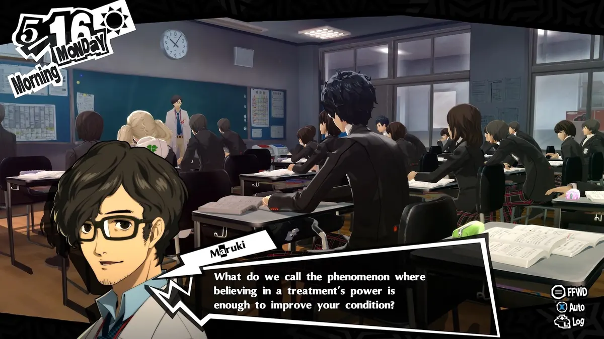 Dr. Takuto Maruki speaking to Joker’s class in a Persona 5 Royal classroom scene.