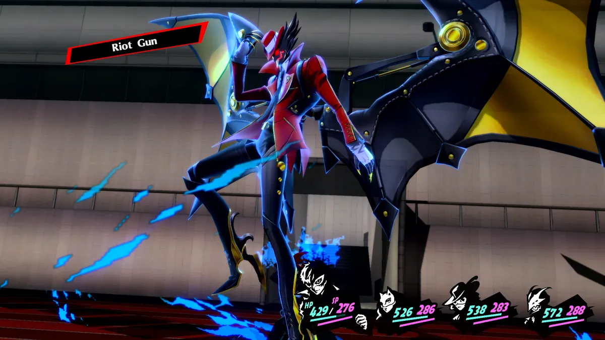 Persona 5 Royal combat screenshot with a party member using Riot Gun and the active battle party displayed.