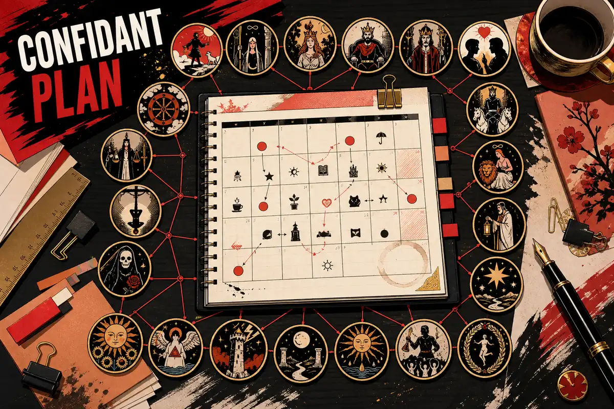 Ilustração de um planejador de Confidants de Persona 5 Royal com calendário, cartas de Arcana e medalhões de rank interligados