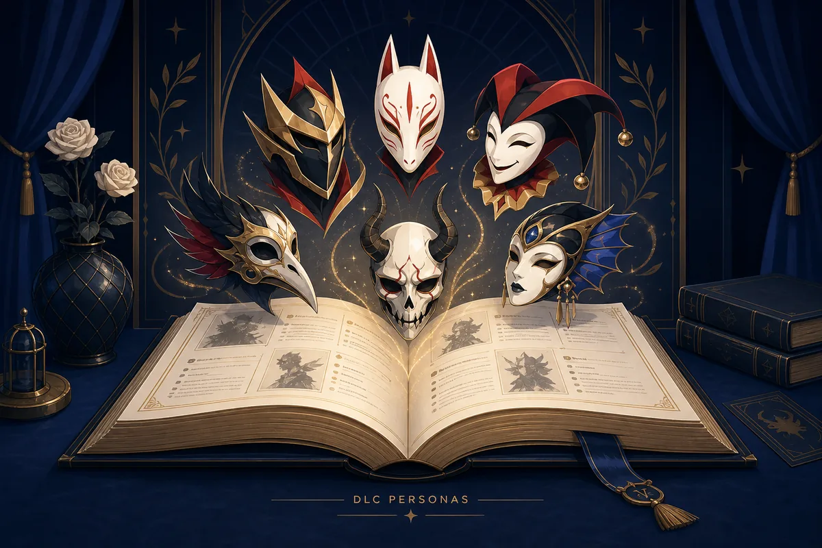 Editorial illustration of a Persona compendium book and masks representing the Persona 5 Royal DLC Personas list