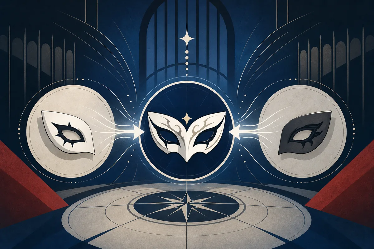 Ilustração editorial de máscaras abstratas de Persona que se combinam em um resultado Gallows mais forte