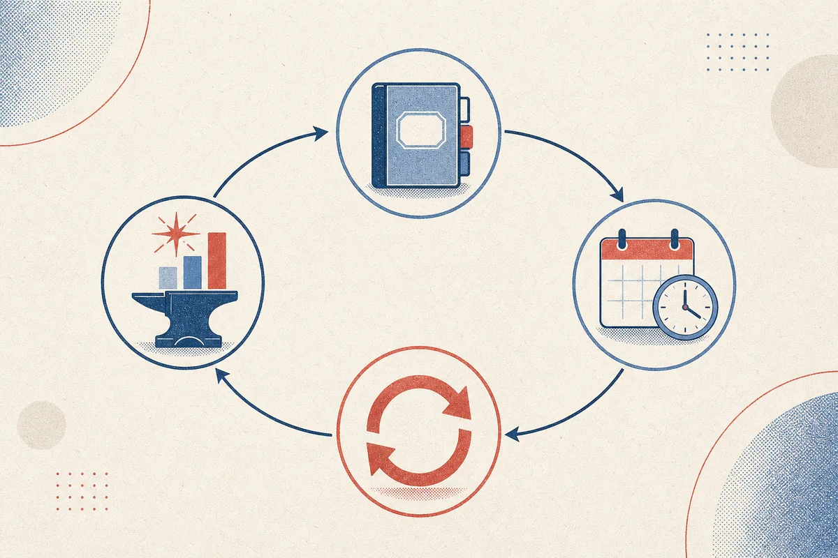 Diagrama editorial mostrando fortalecimento com Gallows, registro, verificação do dia e novo planejamento