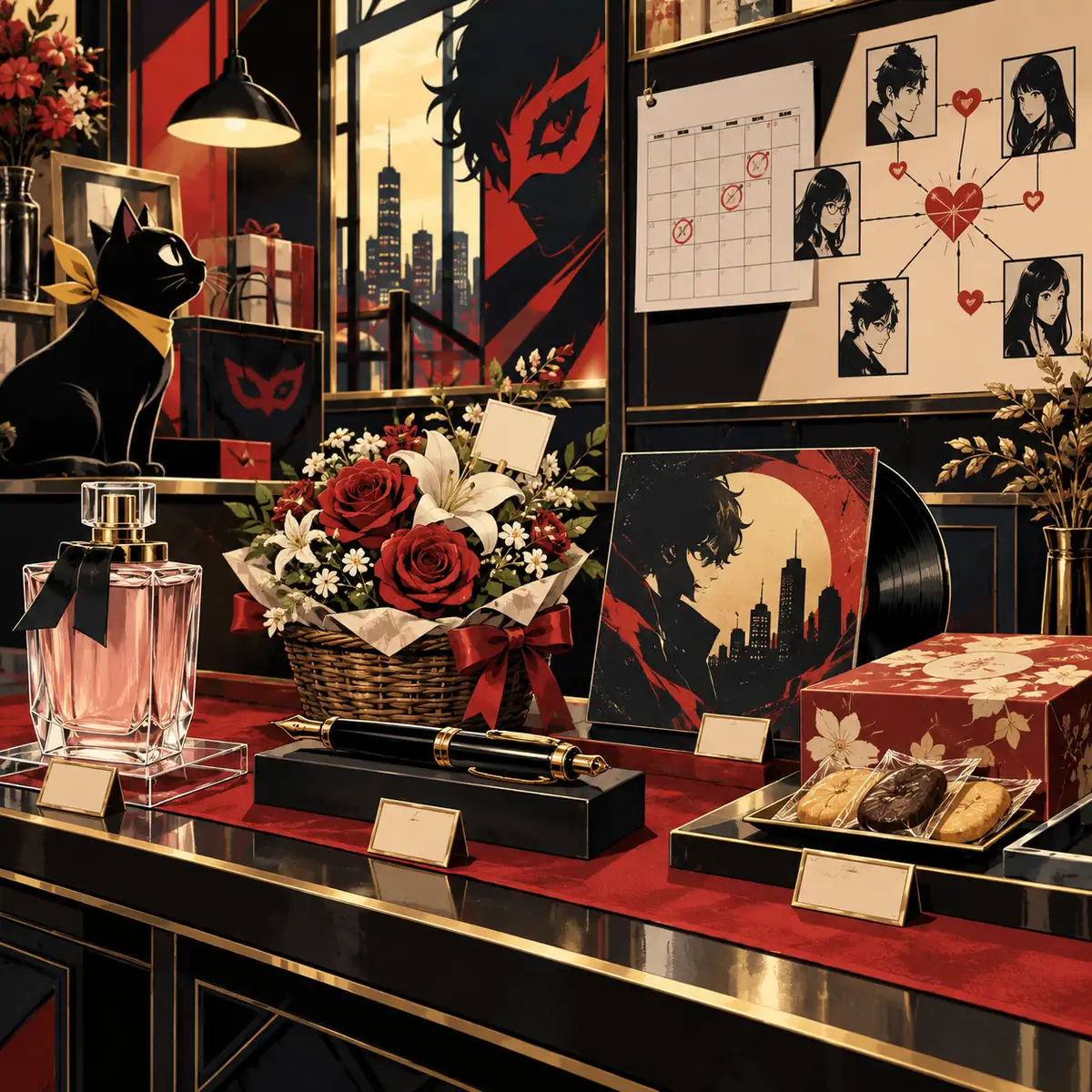 Redaktionelle Illustration der Geschenkplanung für Persona 5 Royal mit Shop-Taschen, einem Confidant-Kalender und Arcana-Tokens