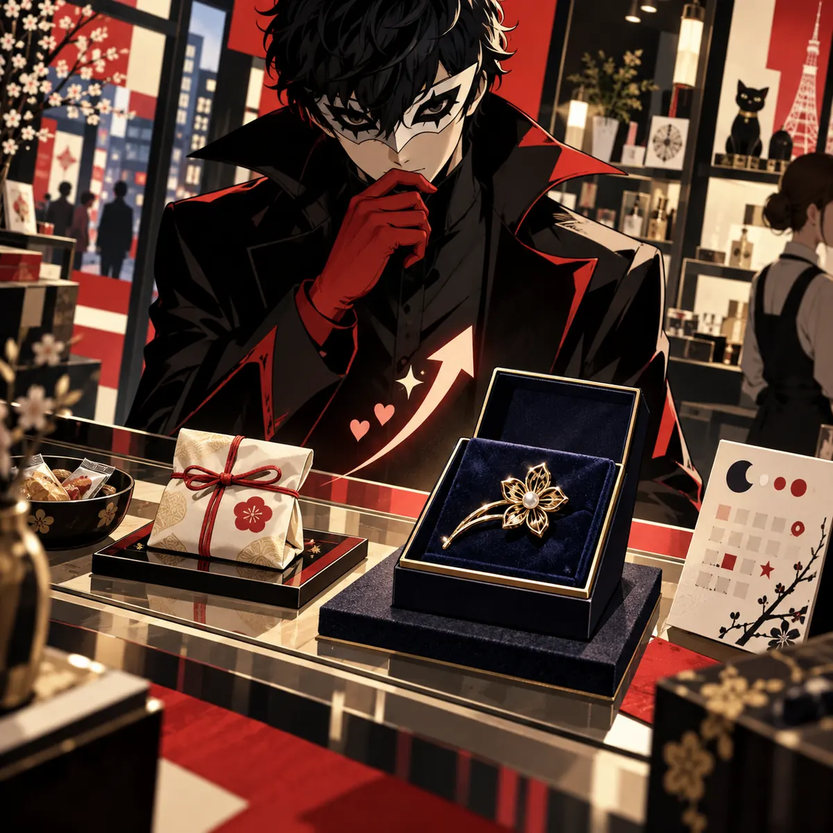 Redaktionelles Flussdiagramm, das zeigt, wie man ein Persona 5 Royal Confidant-Geschenk nach Empfänger, Reaktion, Shop und Frist auswählt