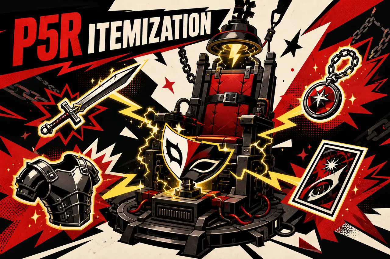 Editorial illustration of a P5R Electric Chair turning a mask into a weapon, armor, accessory, and skill card