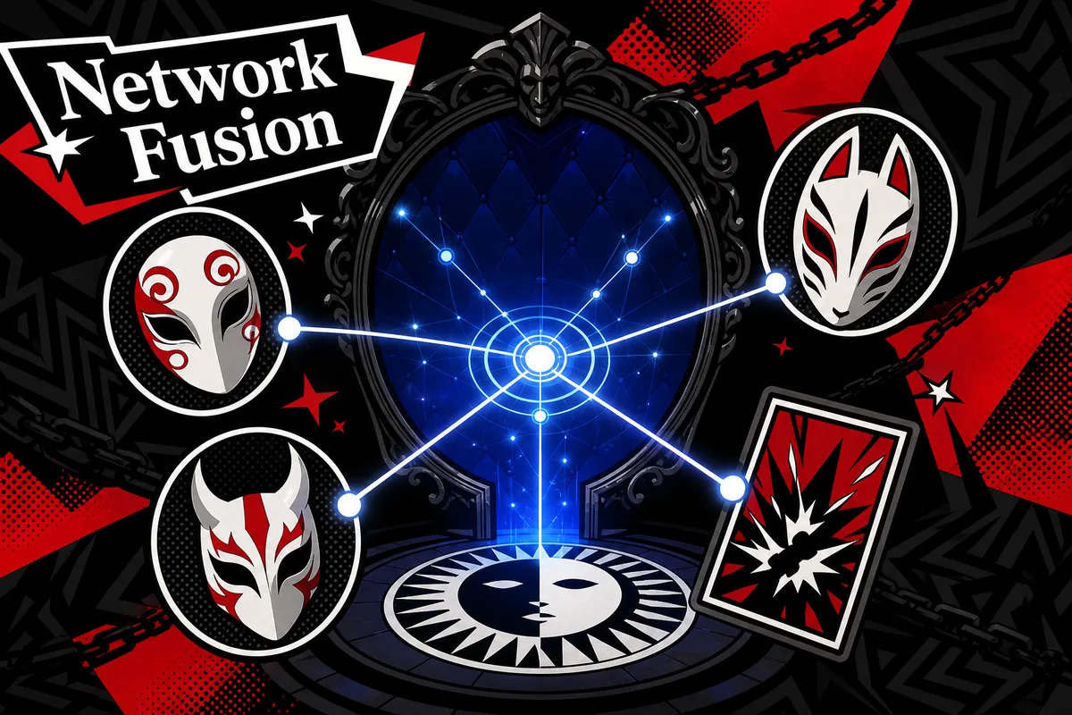 Ilustracion editorial de un portal de Network Fusion con mascaras de Persona y una carta de habilidad