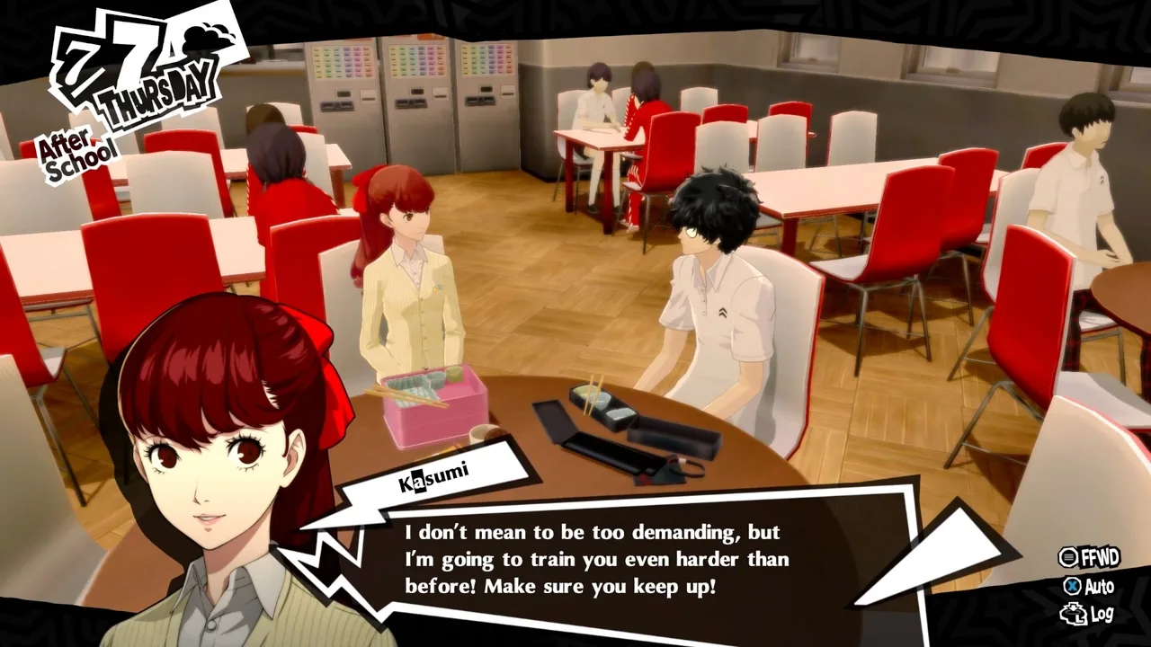 Escena oficial de aula de Persona 5 Royal con una pregunta en pantalla y estudiantes en sus pupitres