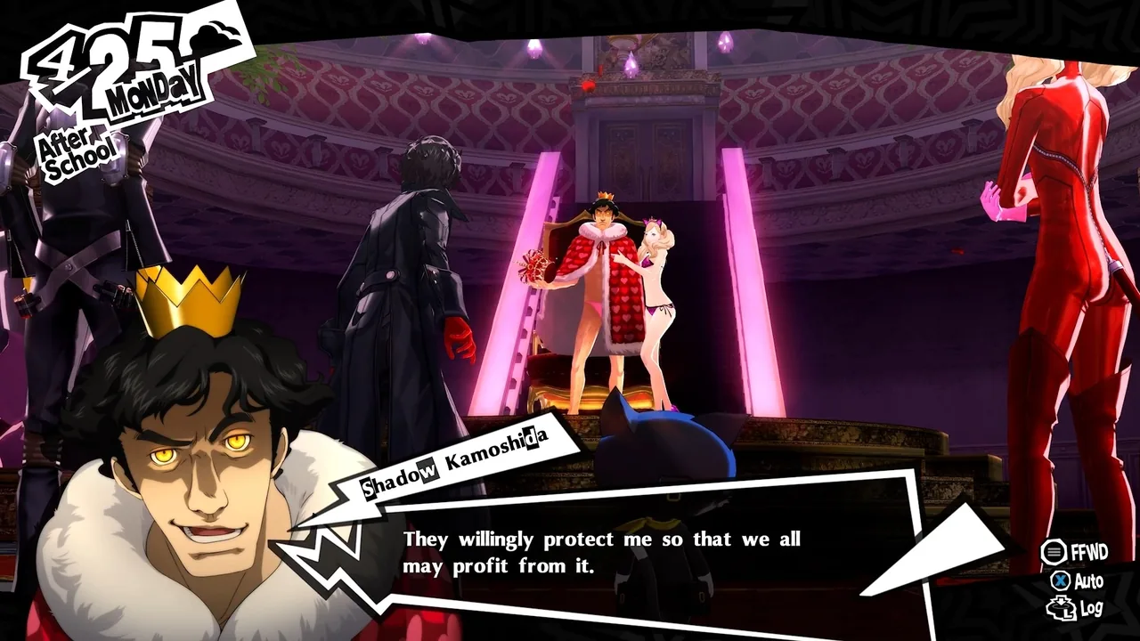 Captura oficial de Persona 5 Royal de Joker frente a un gobernante en una sala del palacio