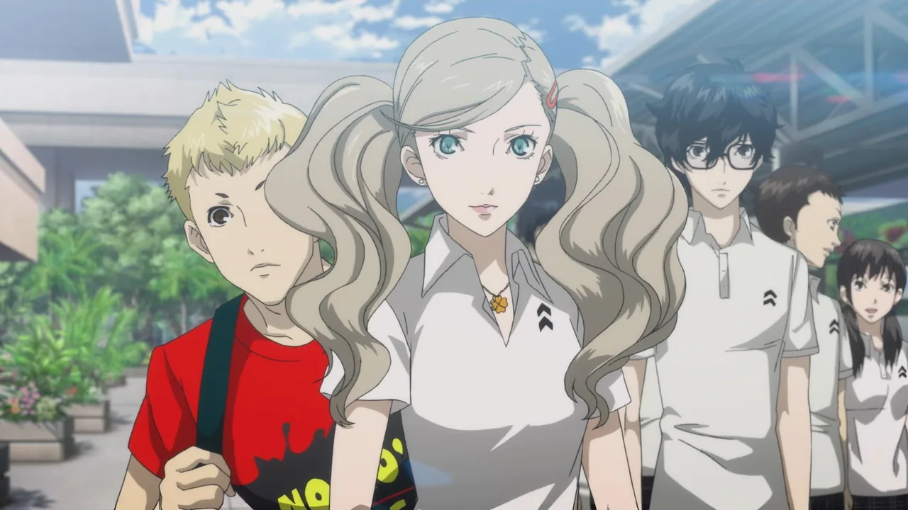 Captura oficial de Persona 5 Royal en Steam con los Ladrones Fantasma reunidos en el colegio