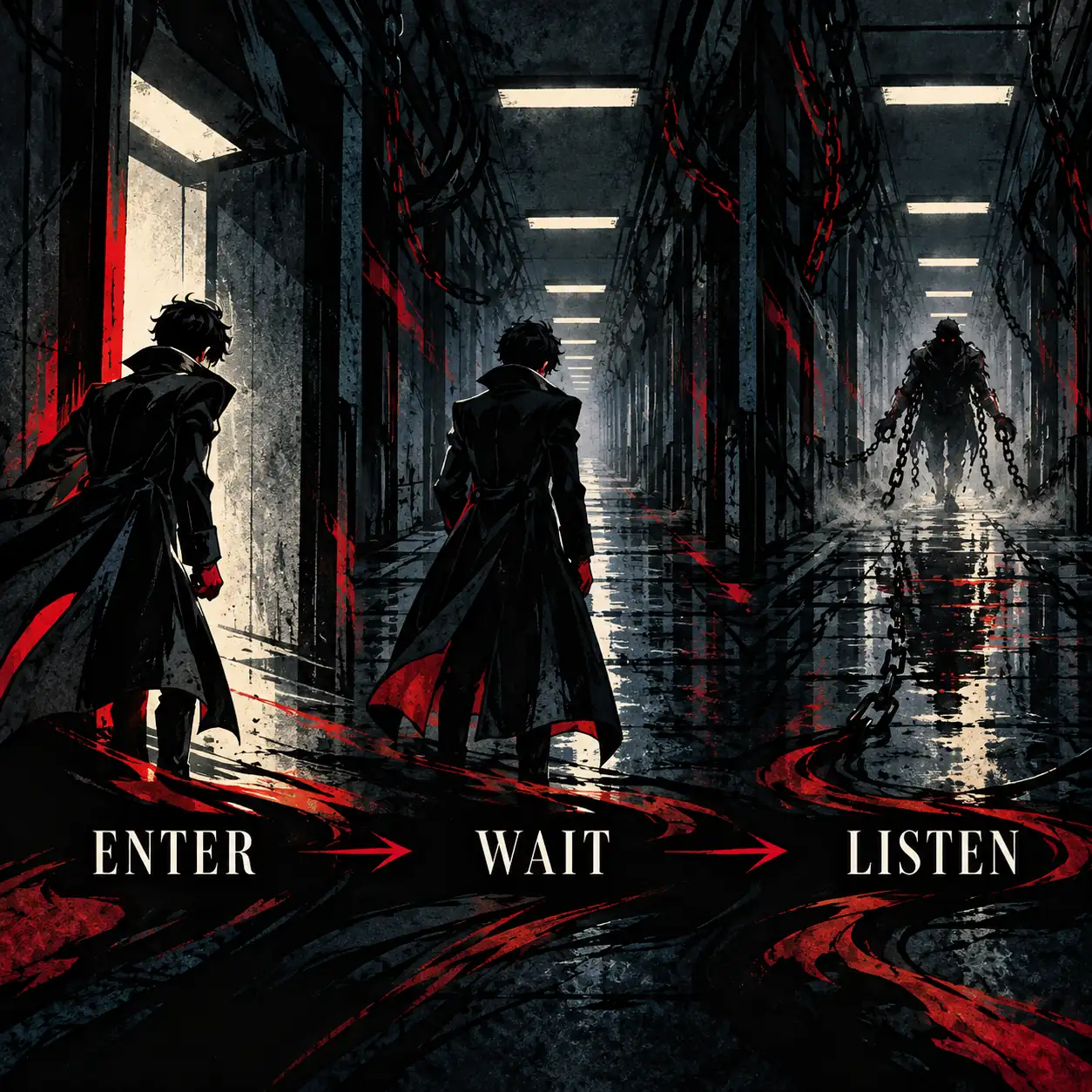 Três cenas ilustradas de Mementos mostram entrar em uma área, esperar no mesmo local e ouvir as correntes.