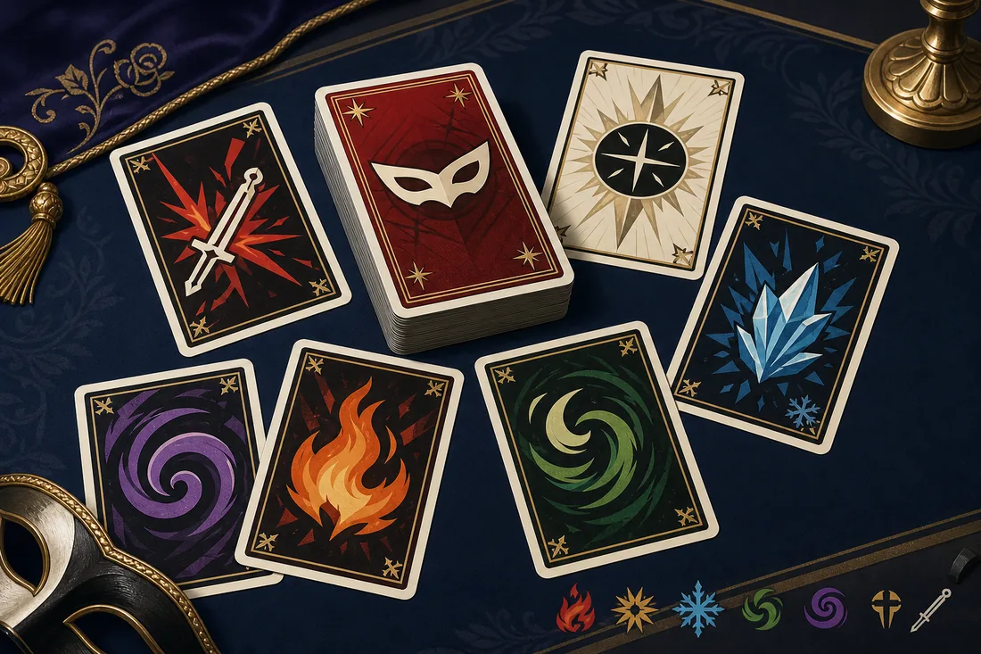 Illustration éditoriale de cartes élémentaires pour planifier les compétences dans Persona 5 Royal