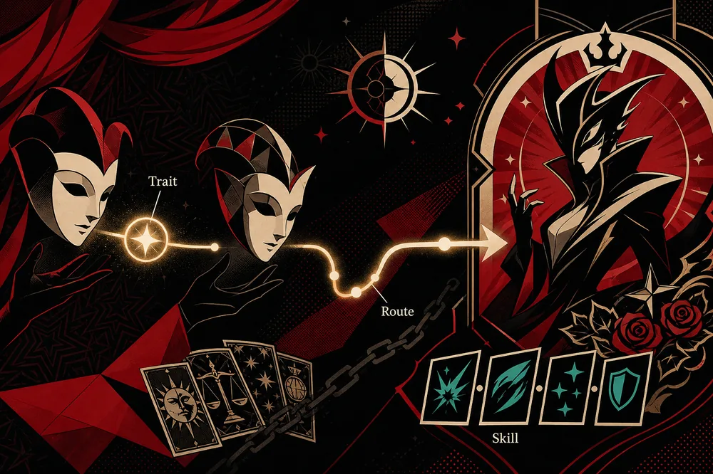 Guida all'ereditarietà dei traits editorial illustration with abstract masks and a fusion route