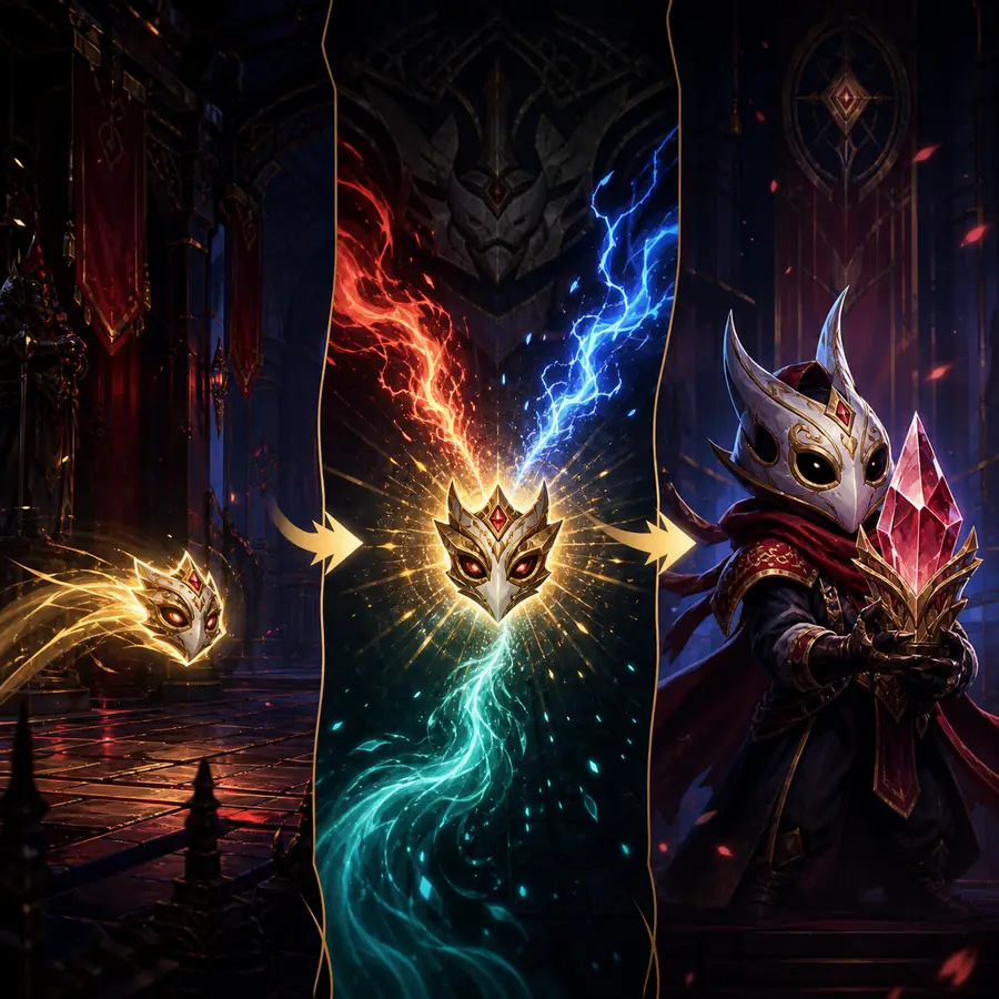 Ilustración editorial original de un encuentro con un demonio del tesoro, presión elemental y una recompensa de cristal